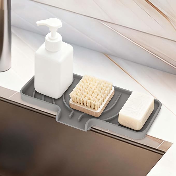 GUUKIN Sponge Holder for Kitchen Sink, Sink Caddy and Soap Tray | 10x5 inch Kitchen Sink Organizer | Compatible with Scrub Daddy, Kitchen Sink Accessories (Grey)