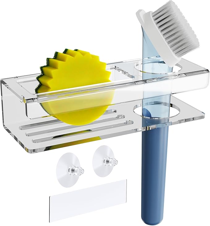 NiHome Acrylic Sponge Holder for Kitchen Sink, Compatible with Scrub Daddy Holder, Sink Caddy Kitchen Organizer with Suction Cups & Adhesive Mounting for Sponge, Soap, Dish Brush, Scrubber