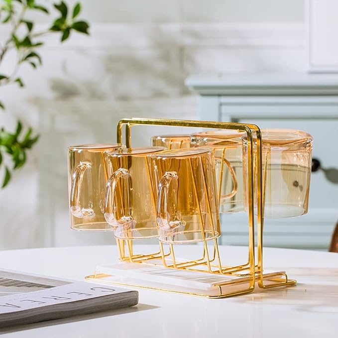 Metal Cup Drying Rack with 6 Hooks, Bottle Drying Rack with Drain Tray,Coffee Mug Holder,Mug Organizer Golden