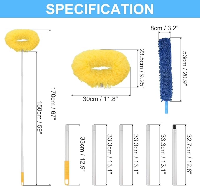 PATIKIL Ceiling Fan Cleaner Duster, 12.9" to 59", 2 in 1 Microfiber Duster Extendable Handle Fan Blade Cleaning Tool Removable Washable for Furniture Blind, Yellow