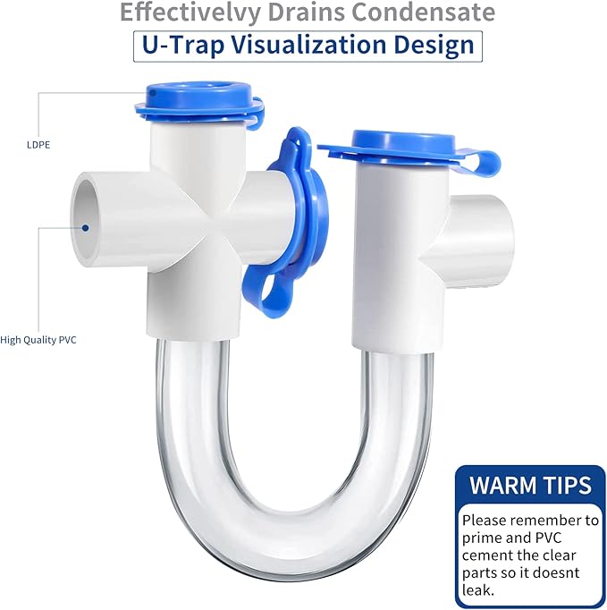 3/4 -inch Standard Condensate Trap with Cleaning Brush, PVC U Trap for HVAC Systems, Air Conditioner, Effectively Drains Condensate.