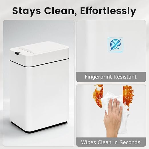 Sensor Trash Can with Butterfly Lid 2.6 Gallon Rectangular Automatic Garbage Can, Stainless Steel Trash Bin, Slim Waterproof Wastebaskets with Lid Soft Close for Under Counter, White