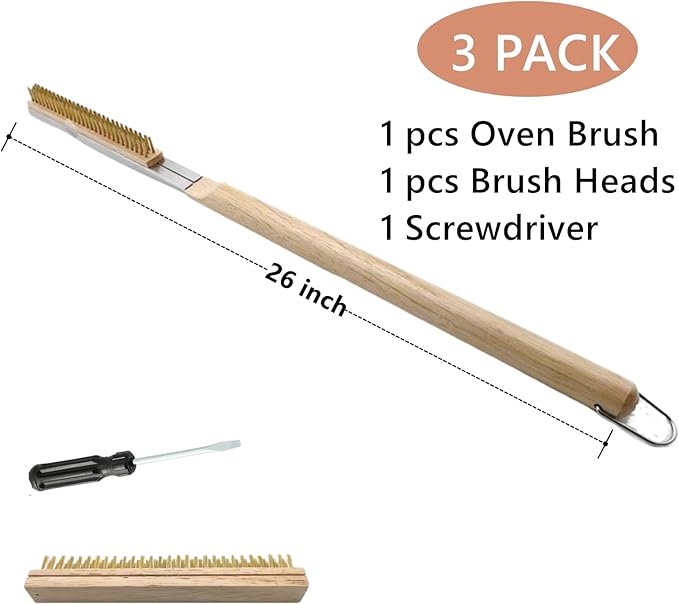 3 Pack 26 Inch Pizza Oven Brush with Scraper and Brass Bristles, Outdoor BBQ Grill Cleaning Brush Copper Wire Pizza Stone with 1 Brush Heads and 1 Screwdriver for Picnic Camping