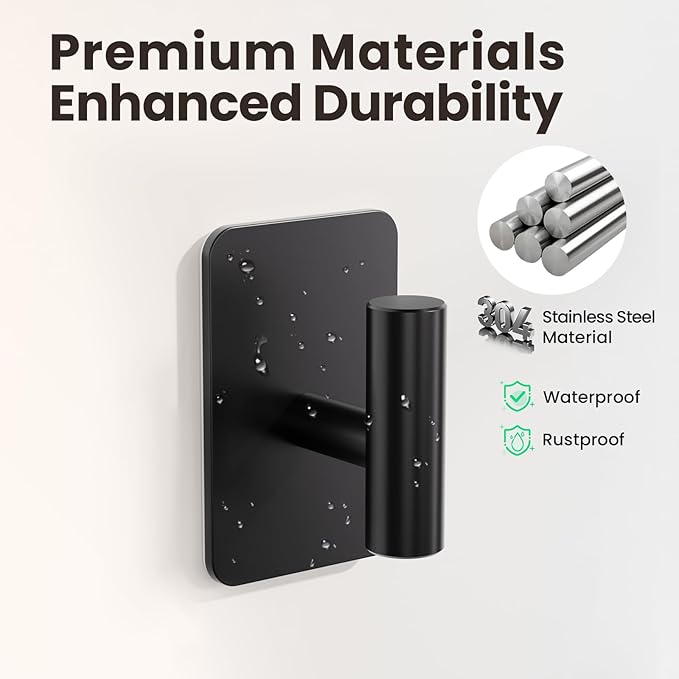Black Hooks for Hanging Heavy Duty, Wall Hooks for Shower, Bathroom, Towel, Coat, Robe, Waterproof & Rustproof Adhesive Hooks, Sticky Towel Hooks for Walls No Damage- 2 Pack