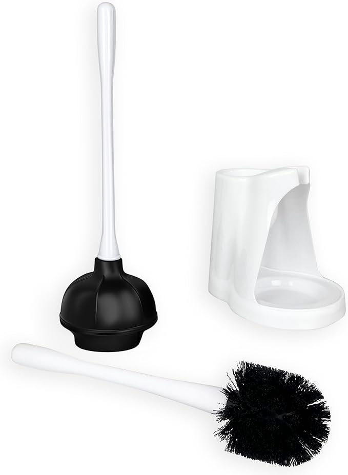 2 in 1 Toilet Brush and Plunger Set - Toilet Brush with Solid Handle, Stand and Holder for Deeply Cleaning in Bathrooms - Plastic Toilet Brush and Holder Set in White