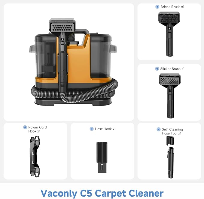 Portable Carpet & Upholstery Cleaner Machine, Handheld Spot Cleaner with Dual Brush, 18KPa Suction, Large Removable Tank for Couch, Car, Stairs, Rugs & Pet Stains, Yellow