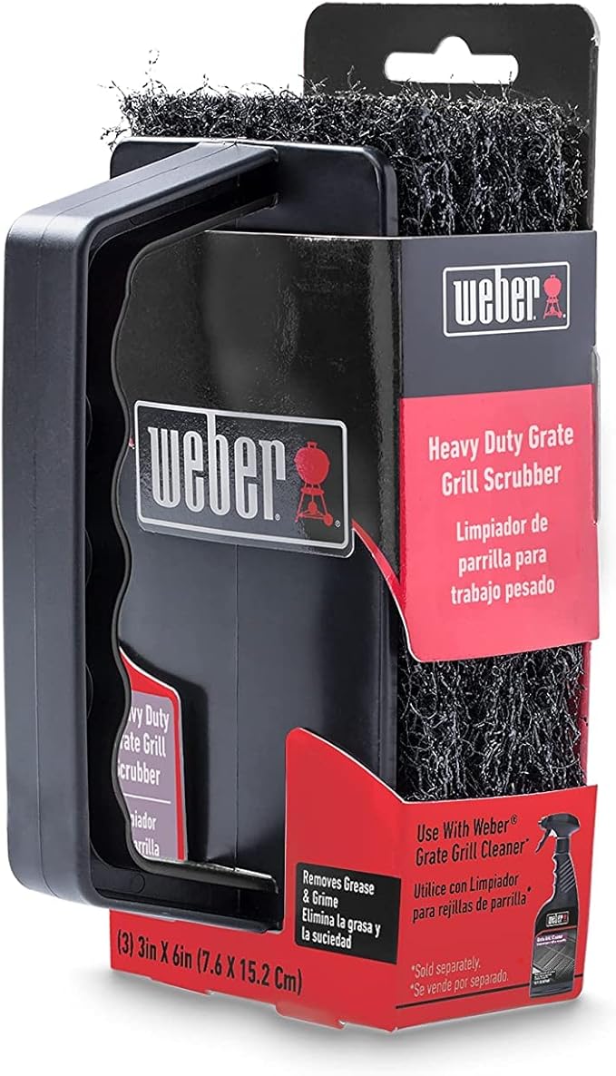 Weber Grill Grate Scrubber, Black – Heavy‑Duty BBQ Grate Scrubber with Comfortable Contoured Grip & 3 Replaceable Cleaning Pads