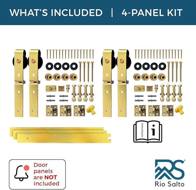 Rio Salto Gold Bifold Sliding Barn Door Hardware Kit Heavy Duty Metal Track System with Matching Knobs Gold Bi-Fold Barn Door Bifold Closet Doors, Bi-Folding 76" Track for 4 Doors, 4 Rollers, No Door