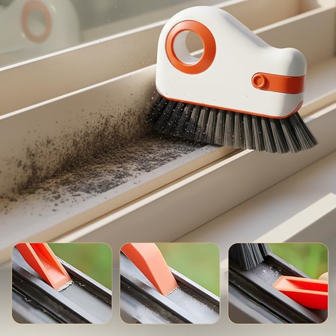 Window Groove Cleaning Brush,2026 Upgrade 2 in 1 Multifunction Hard Bristle Cleaning Brush with Hidden Scraper for Sliding Door Track, Window Sill, Window Seal (Orange + Grey)