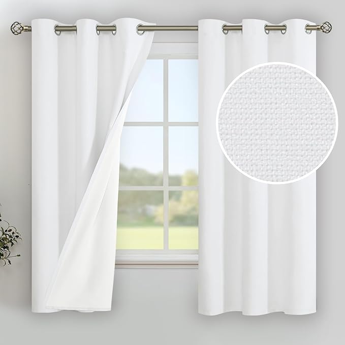 YoungsTex White Linen Blackout Curtains 63 Inch Long for Bedroom, Thermal Insulated Full Room Darkening Window Drapes with Grommet for Winter Living Room Basement, 2 Panels, 42 X 63 Inch