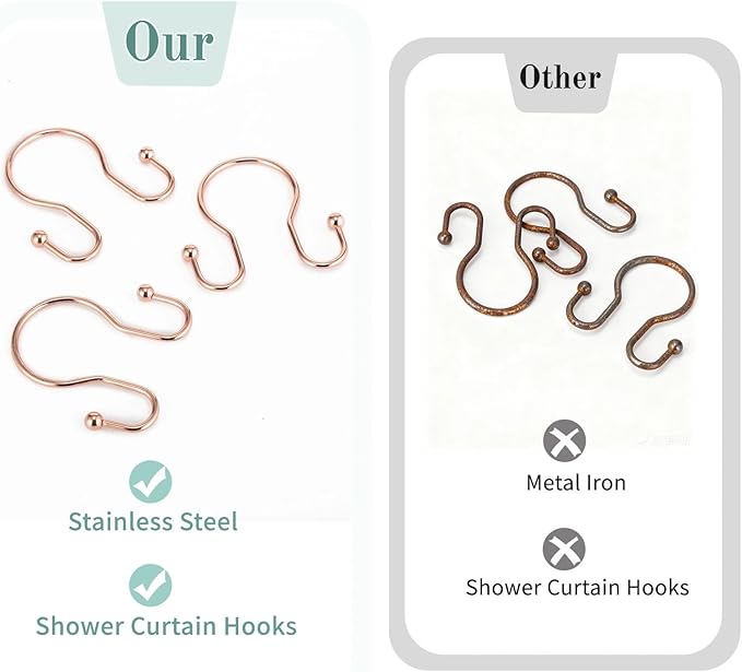 Goowin Shower Curtain Hooks, 12 Pcs Shower Curtain Rings, Stainless Steel Shower Curtain Hangers, Metal Shower Curtain Hooks Rings Rust Proof, Minimalist Shower Hooks for Shower Curtain, Rose Gold