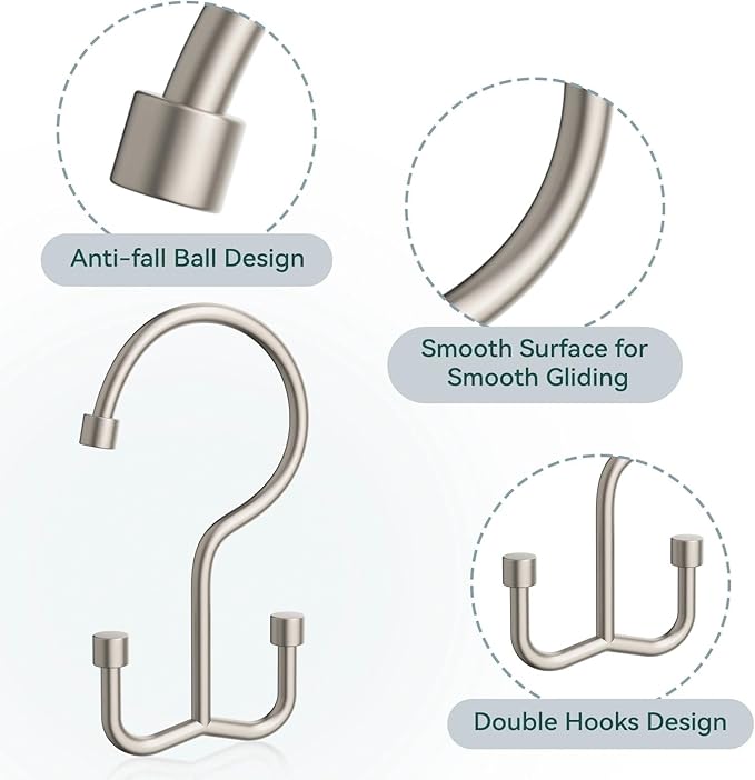 Goowin Shower Curtain Hooks, Shower Curtain Rings, Metal Shower Curtain Hangers Rust Proof, Double Glide Shower Rings for Curtain, Shower Hooks for Shower Curtain, Matte Nickel, 24 Pack-Cylinders