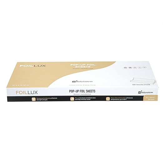 Restaurantware-Foil Lux 12 x 10.8 Inch Pop-Up Foil Sheets, 100 Disposable Foils Papers For Food - Orange Peel Embossing, Interfolded, Gold Aluminum Foils Sheets, Greaseproof, Freezable, Oven Ready
