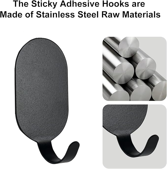 Sticky Adhesive Hooks for Hanging, Stainless Steel Hooks, Key Hooks, Towel Hooks, Coat Hooks, Command Hooks Wall Mount Hanger Door Hook Kitchen Utility Hooks, Drill Free No Damage 10 Pcs (Black)