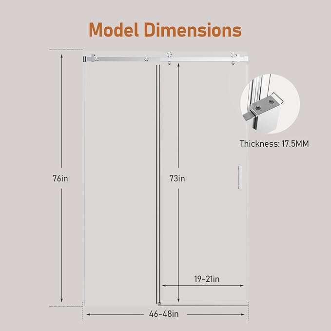 46-48 Inch Frameless Sliding Shower Door, 76" Height, 5/16" (8mm) Clear Tempered Glass, Smooth Gliding Track & Anti-Jumping System, Stainless Steel Brushed Nickle Finish