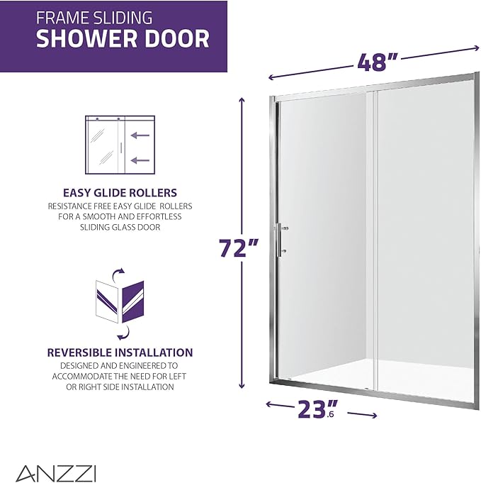 ANZZI 72 x 48 inch Framed Shower Door in Polished Chrome | Halberd Water Repellent Glass Shower Door with Seal Strip Parts | Easy Glide Rollers Sliding Shower Door | SD-AZ052-01CH