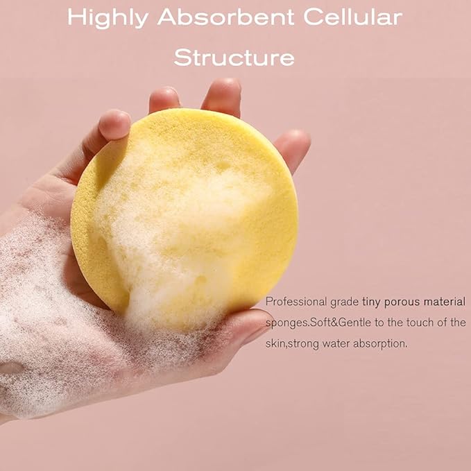 Facial Sponge Compressed,60 Pcs PVA Professional Makeup Removal Wash Round Face Sponges Spa Pads Exfoliating Cleansing for Women,Yellow,Pink