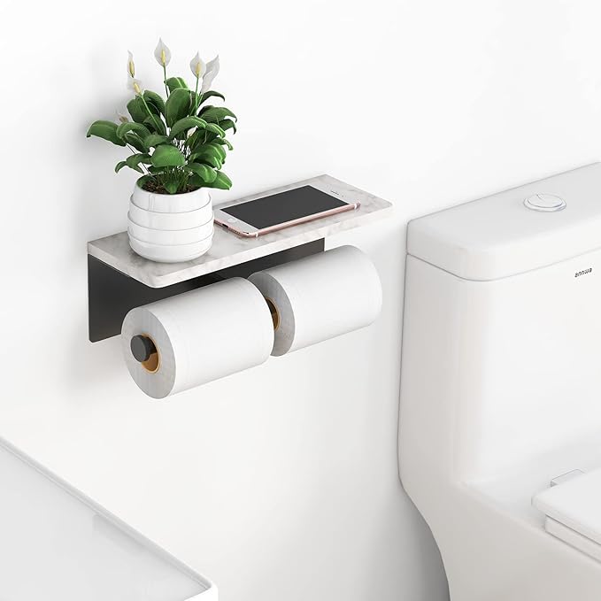 Toilet Paper Holder with Shelf, New Upgrade Double Toilet Paper Holder with Storage, Marble Roll Toilet Paper Wall Mount for Bathroom Washroom(Black)