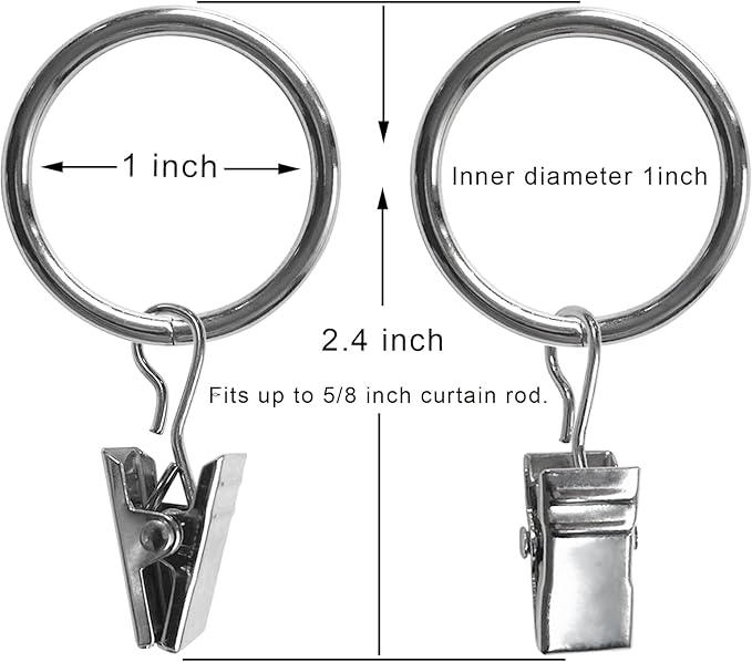 100 Pack Metal Curtain Rings with Clips, Drapery Clips with Rings, Drapes Rings 1 inch Inner Diameter, Fits Diameter 5/8 inch Curtain Rods, Silver