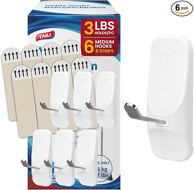 TAILI Hooks for Hanging,6 Wire Sticky Hooks and 8 Adhesive Strips, White Utility Hooks for Painted Wall, No Damage Heavy Duty Holds up to 3 lb, Removable & Reusable for Door, Dorm, Clothes, Kitchen