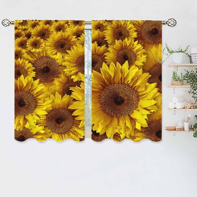 Sunflower Kitchen Curtains Vintage Rustic Grunge Flowers Field Blooms Yellow Petals Short Tier Curtains for Bathroom Cafe Small Window Drapes Treatment 2 Panels (27.5x39 Inch)