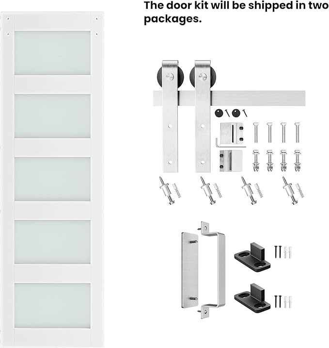 26'' x 84'' Glass Barn Door and 5 Ft Brushed Nickel Hardware Kit Included, MDF White Barn Door Slab with Frosted Glass, PVC Surface, Combined with Handle and Floor Guide-Assembly Required