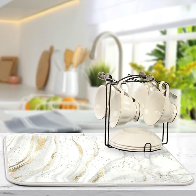 Marble Dish Drying Mat for Kitchen Counter White Golden Marble Gary Grey Drying Mats Super Absorbent Reversible Microfiber Kitchen Countertop Protector Dishes Pad Medium 16x18 inch