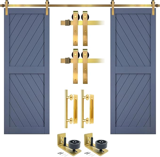 Rio Salto Gold Barn Door Hardware Kit Adjustable Length Sliding Door Hardware Modern Barn Interior Brushed Brass Panel Hardware (Hardware Kit Plus, 13ft - Double Door)