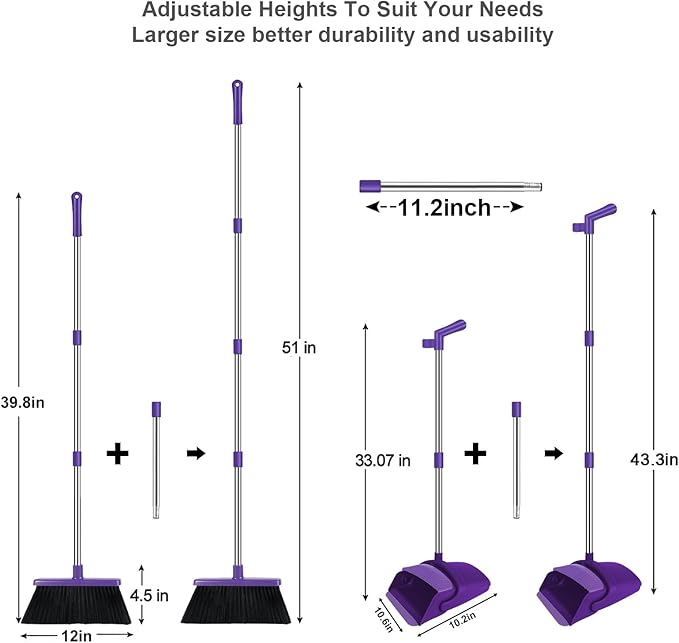Purple Broom with Dustpan Combo Set, 51" Long Handle Household Kit for Home for Pet Hair