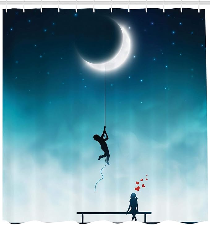 Ambesonne Fantasy Shower Curtain, Characters Climbing to The Moon and Sitting on Bench Love Romance Themed Art, Cloth Fabric Bathroom Decor Set with Hooks, 69" W x 70" L, White and Teal