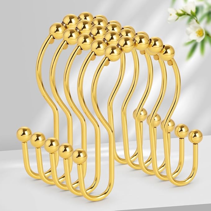 Double Shower Curtain Hooks, Sturdy Metal Nickel Shower Curtain Rings, Glide Roller Shower Hooks,Rust Proof Anti-Drop Curtain Hooks, 12 Pcs Smooth Sliding Rings for Bathroom Shower Rods Curtains