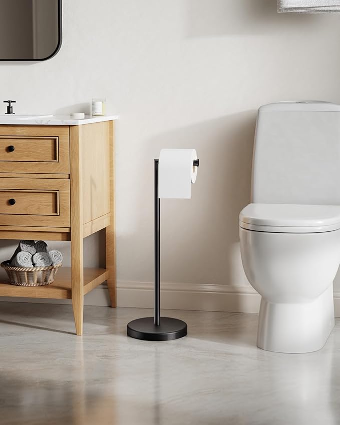 BWE Bathroom Toilet Paper Holder Stand Matte Black SUS304 Stainless Steel RV Modern Freestanding Toilet Paper Roll Holder for Bathroom and Washroom with Heavy Weighted Base