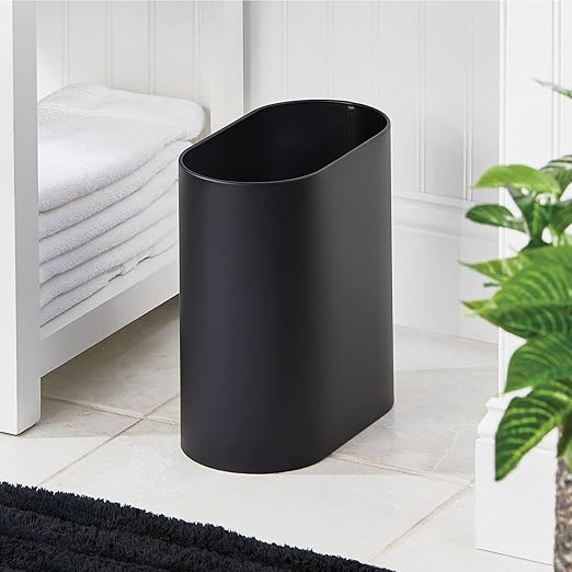mDesign Slim Pill-Shaped Metal 1.98 Gallon/7 Liter Recycle Trash Can Wastebasket, Garbage Container Bin - Bathroom, Kitchen, Bedroom, Office - Durable Stainless Steel, Mirri Collection, Black
