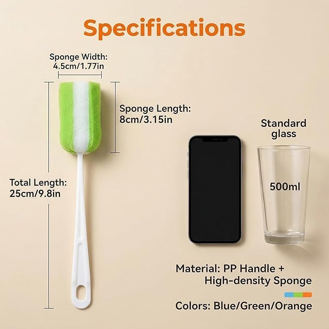 3PCS Soft Hanging Sponge Cleaning Brush Cleaner with Long Handle Cup Feeding Bottle Scrubber Washing Brushes for Coffee Glasses Pot Milk Cup Mugs Winebottle Baby Bottles(Color Random)