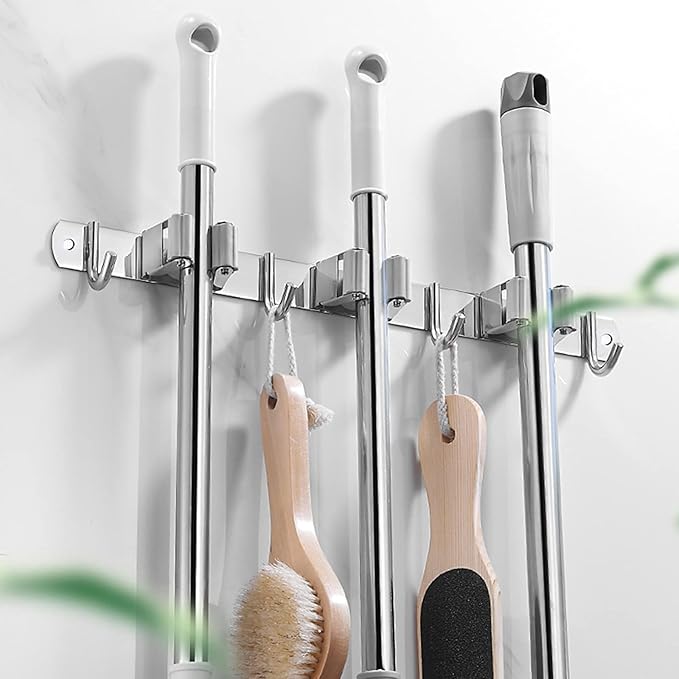 Mop and Broom Hanger Wall Mount, stainless steel Broom Hook Organizer Wall Mounted, Heavy Duty Mop Holder Storage Rack - 3 Racks 4 Hooks for hanging brooms and mops