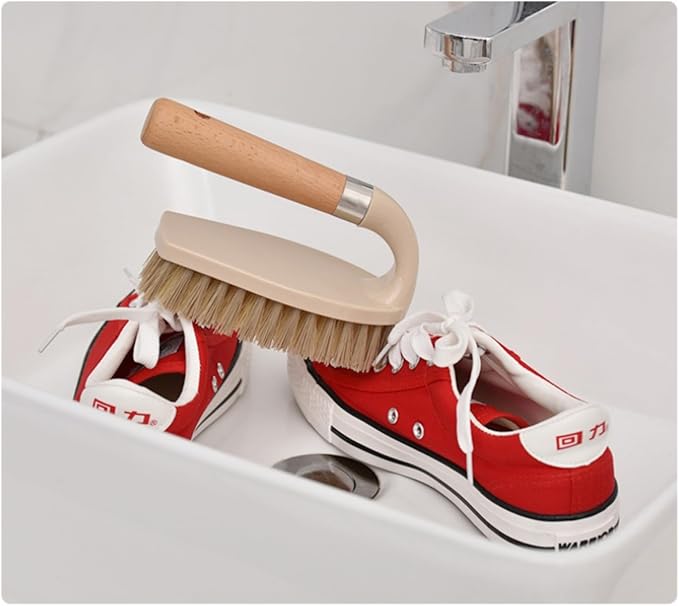 Stiff Bristle Brush, Powerful Cleaning Brush with Wooden Handle for Comfortable Grip. Ideal for Bathrooms, Tiles, Sinks, Carpets, Pools, Garages, and Floor Cleaning. (Gray)