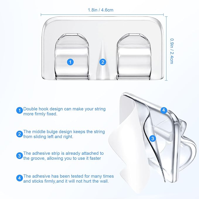 Hooks for Outdoor String Lights Clips: 26Pcs Heavy Duty Light Hook with Waterproof Adhesive Strips - Outside Clear Cord Holders for Hanging Christmas Lighting - Outdoors Sticky Clip