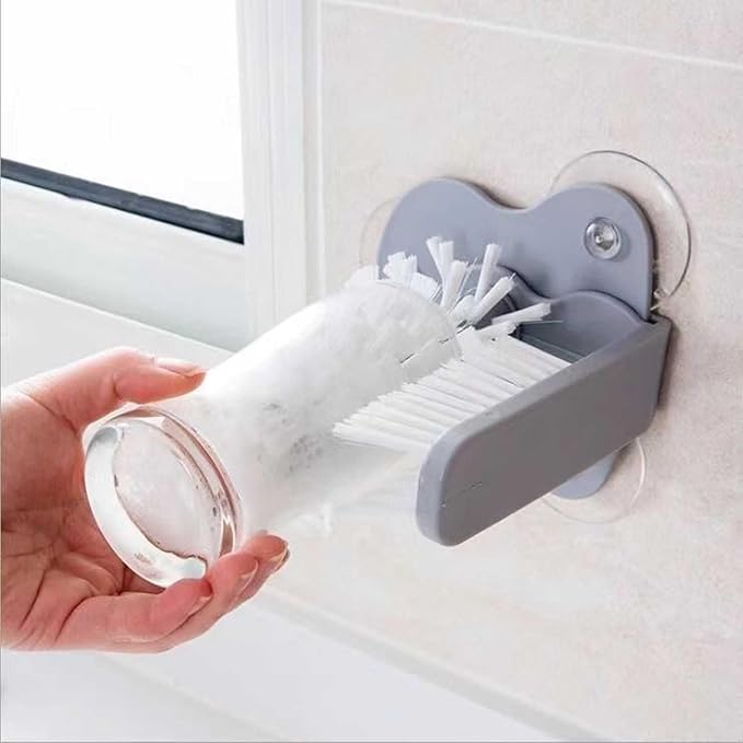 Bar Glass Washer Glass Cleaning Brush with Suction Base 360-Degree Triple Head Design Bottle and Cup Scrubber for Kitchen Sink (Light Gray)