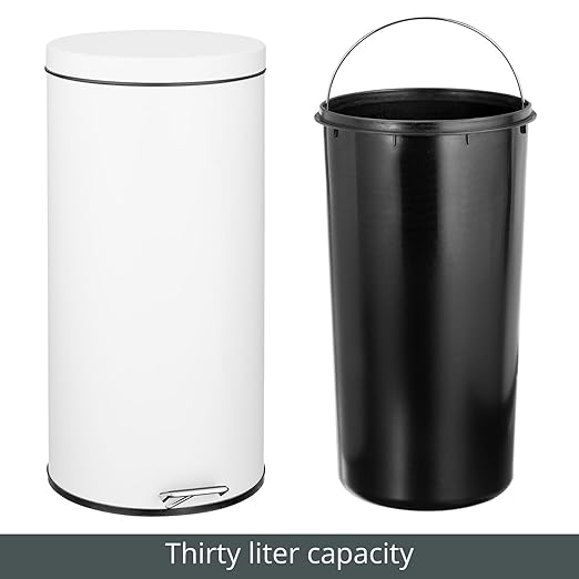 mDesign Tall 30 Liter, Large Round Metal Lidded Step Trash Can, Thin Compact Garbage Bin with Removable Liner Bucket for Bathroom, Kitchen, Craft Room, Office, Garage - White
