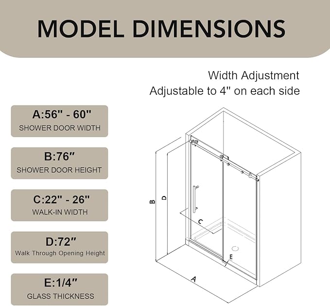 55-60” W x 76" H Single Sliding Shower Door, Frameless Shower Door with Explosion-Proof Film and Nano Coating, 1/4” (6MM) SGCC Tempered Glass, Stainless Steel Hardware, Chrome