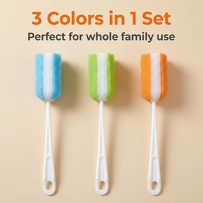 3PCS Soft Hanging Sponge Cleaning Brush Cleaner with Long Handle Cup Feeding Bottle Scrubber Washing Brushes for Coffee Glasses Pot Milk Cup Mugs Winebottle Baby Bottles(Color Random)