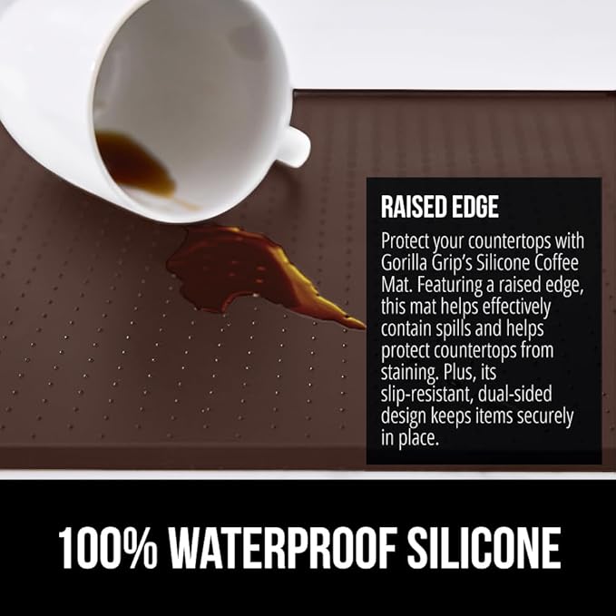 GORILLA GRIP Silicone Coffee Mat, 15x23, Espresso Machine Bar Accessories, Keep Kitchen Counters Clean, Stays in Place, Waterproof and Heat Resistant Dish Drying Mats, Home Decor Essentials, Brown