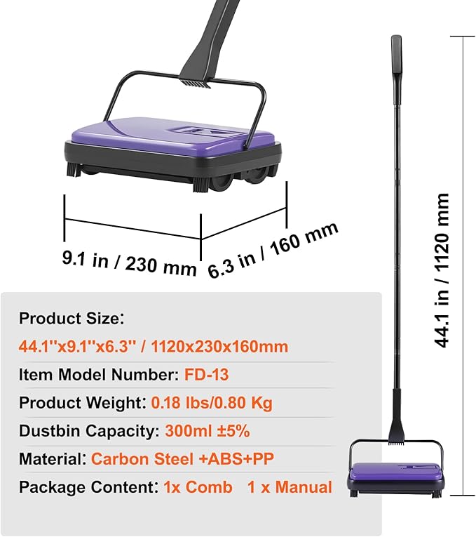 Happybuy Manual Carpet Sweeper with 300ml Dustbin - 6.7" Cleaning Width for Pet Hair, Dust & Debris on Carpets & Hard Floors (Purple)
