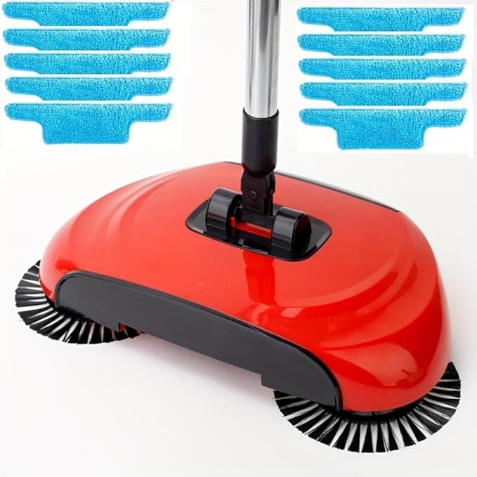 3-in-1 Carpet Sweeper & Manual Push Mop, 360° Rotating Handheld Cleaner for Hardwood & Ceramic Floors, Compact Dustpan & Trash Bin – Bright Red
