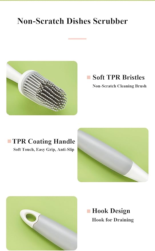 Dish Scrubber, Silicone Soft Bristles Scrub Brush with Scraper Tip, Comfortable Grip Brushes for Kitchen Sink, Pans, Pots, Skillet, Vegetable, Fruit, Potato Cleaning (Grey Style2)
