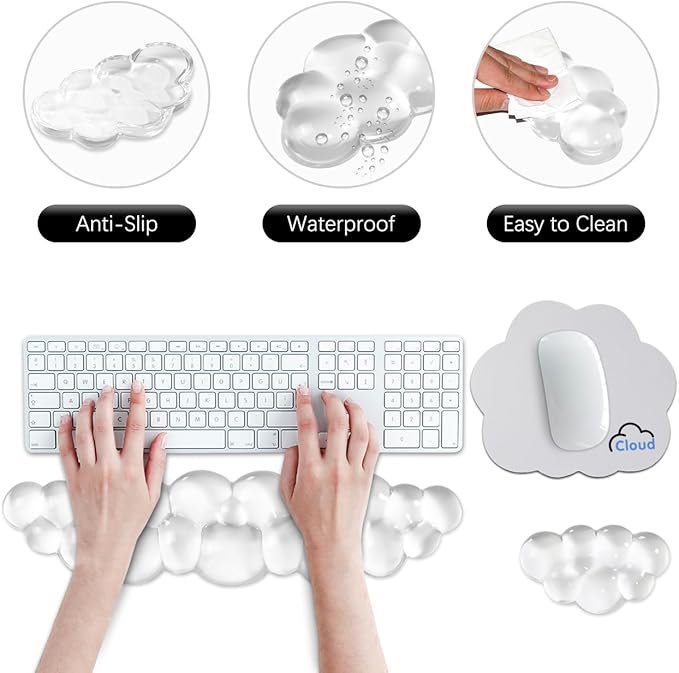 JIKIOU Clear Gel Wrist Rest for Keyboard and Mouse, Cool Silicone Mouse Wrist Rest Set, Cute Ergonomic Wrist Rest for Keyboard Typing Pain Relief, Suitable for Office Computer Laptop Gaming White