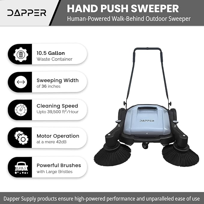 Walk-Behind Outdoor Hand Push Floor Sweeper - 10.5 Gallon Capacity - 36" Sweeping Width - Sweeps up to 39,500 ft/Hour, Grey
