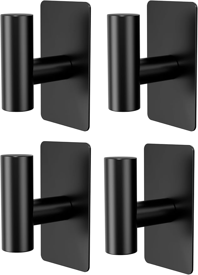 Towel Hooks for Bathrooms – 4 Pack, Matte Black Finish, T-Shaped Stainless Steel Adhesive Wall Hooks for Robes & Towels in Kitchen, Shower, or Closet