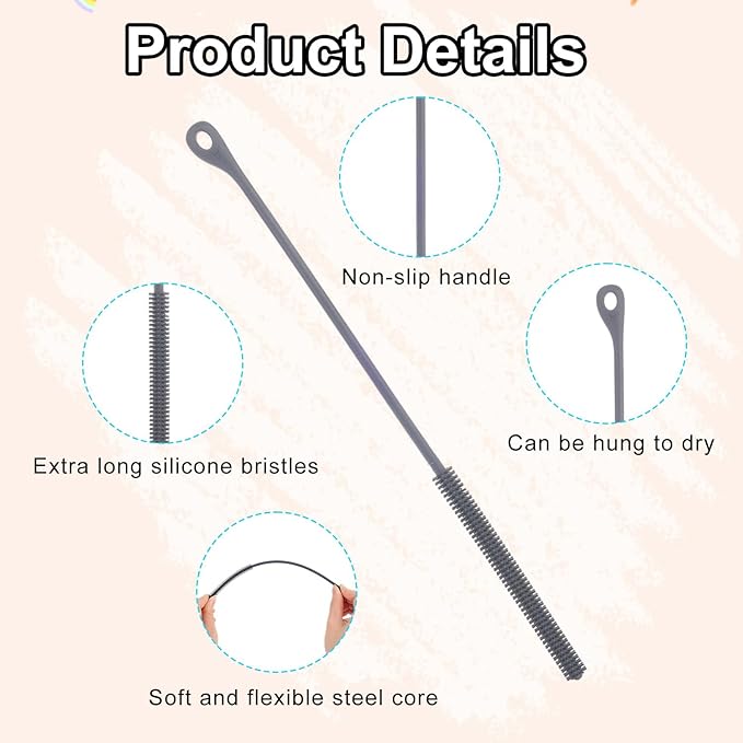 2pcs Silicone Straw Cleaner Brush, 9.45in Extra Long Straw Cleaning Brush for Metal Glass Straight Bent Pipe Long Mouthed Pots Kitchen Gadgets Essential Accessories