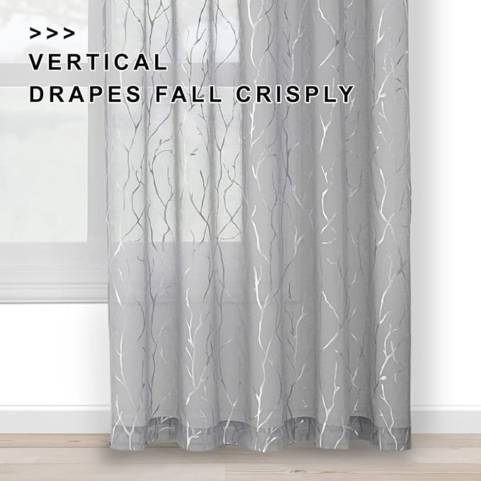 FINECITY Silver Grey Sheer Curtains 96-Inch Long - Metallic Silver Tree Bedroom Curtains Sparkle Sheer Branch Window Curtain 2 Panels for Living Room, 52 x 96 Inch, Set of 2, Grey and Silver